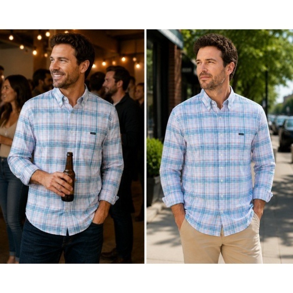 Bonobos Mens Standard Fit Stretch Plaid Button Down Shirt Blue Pink White Medium